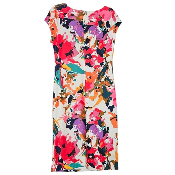 ECI Floral Print Scuba Sheath Dress White Capped Sleeve Hidden Zipper size 8 - Picture 2 of 6